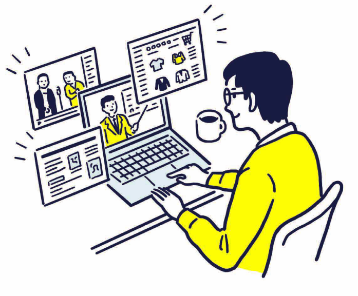 複数のウィンドウを開いて作業するイラスト